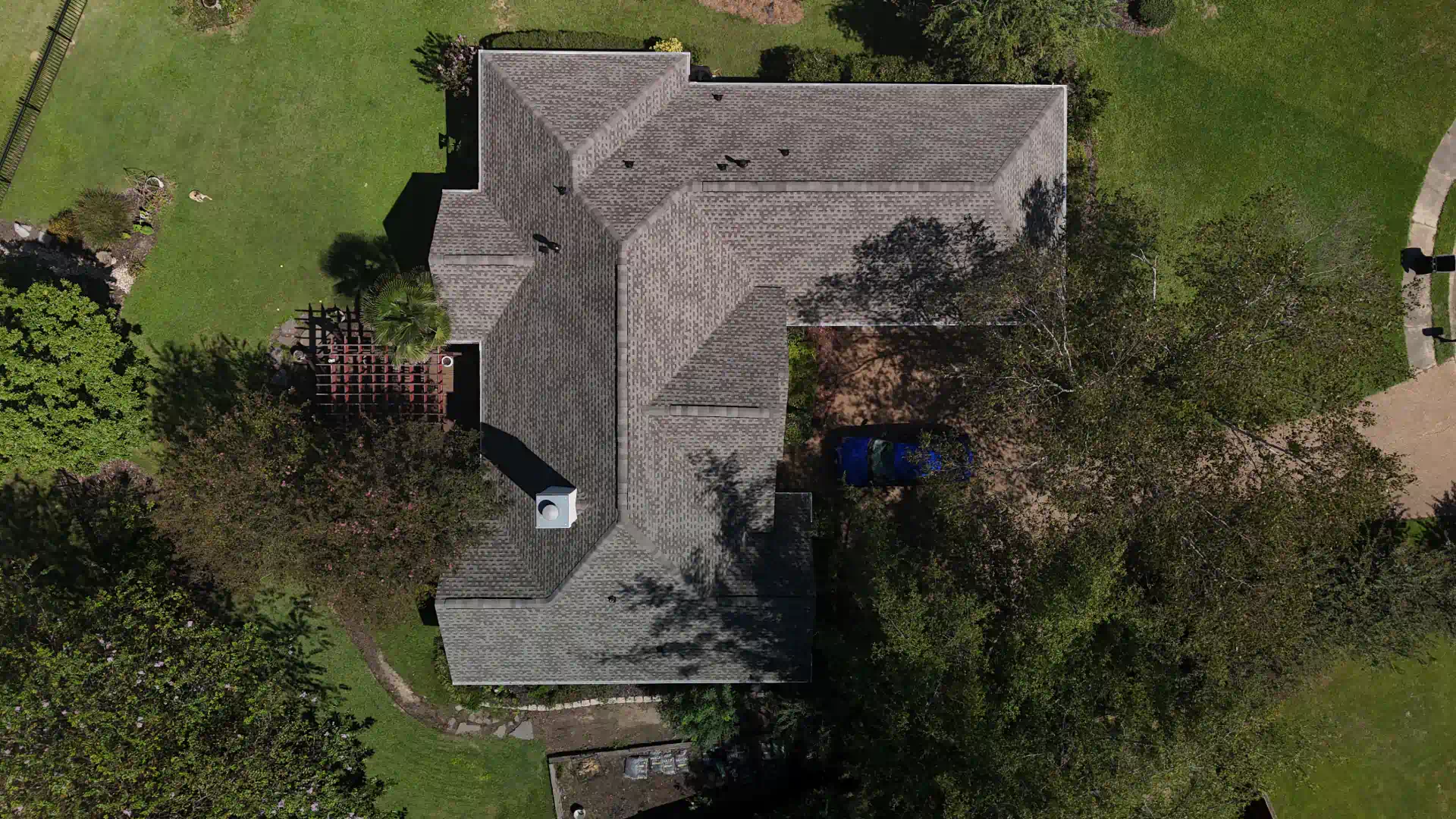 aerial top view of newly installed asphalt roof shingle